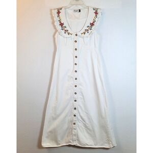 RIXO Womens Nova Cotton Embroidered Floral Denim Midi Dress Size Medium White